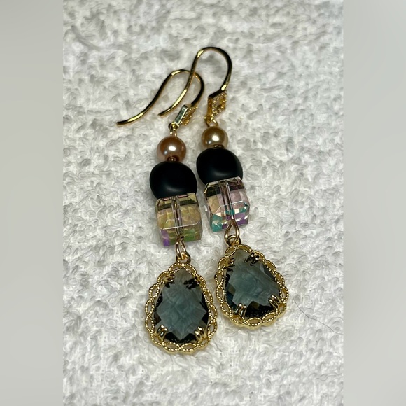 🖤🦋925 plated drop earring gorgeous CZ ZIRCON black faceted drop - Picture 5 of 8